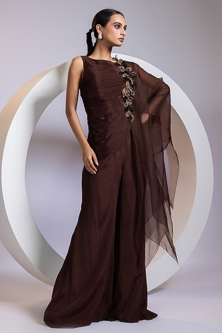 Brown Chinon Palazzo Pant Set by Smriti by Anju Agarwal at Pernia's Pop Up Shop