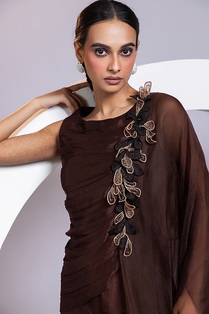 Brown Chinon Palazzo Pant Set by Smriti by Anju Agarwal at Pernia's Pop Up Shop