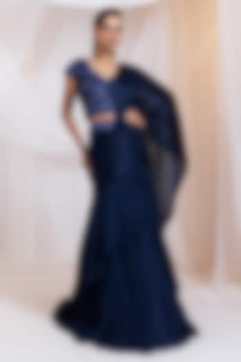 Navy Chinon Draped Skirt Set by Smriti by Anju Agarwal at Pernia's Pop Up Shop