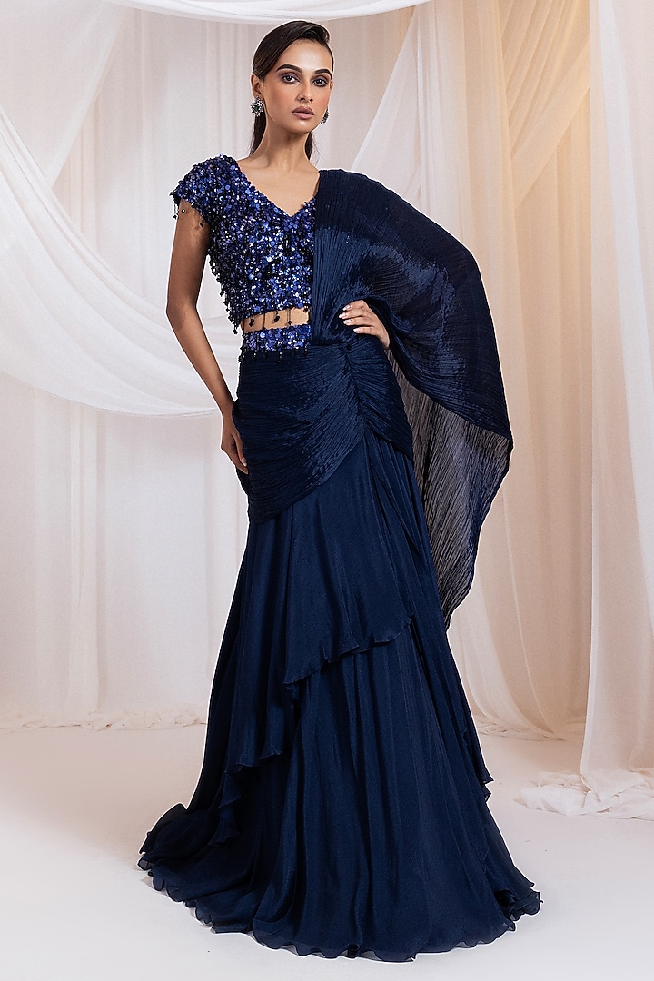Navy Chinon Draped Skirt Set by Smriti by Anju Agarwal at Pernia's Pop Up Shop