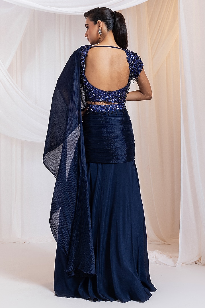 Navy Chinon Draped Skirt Set by Smriti by Anju Agarwal at Pernia's Pop Up Shop