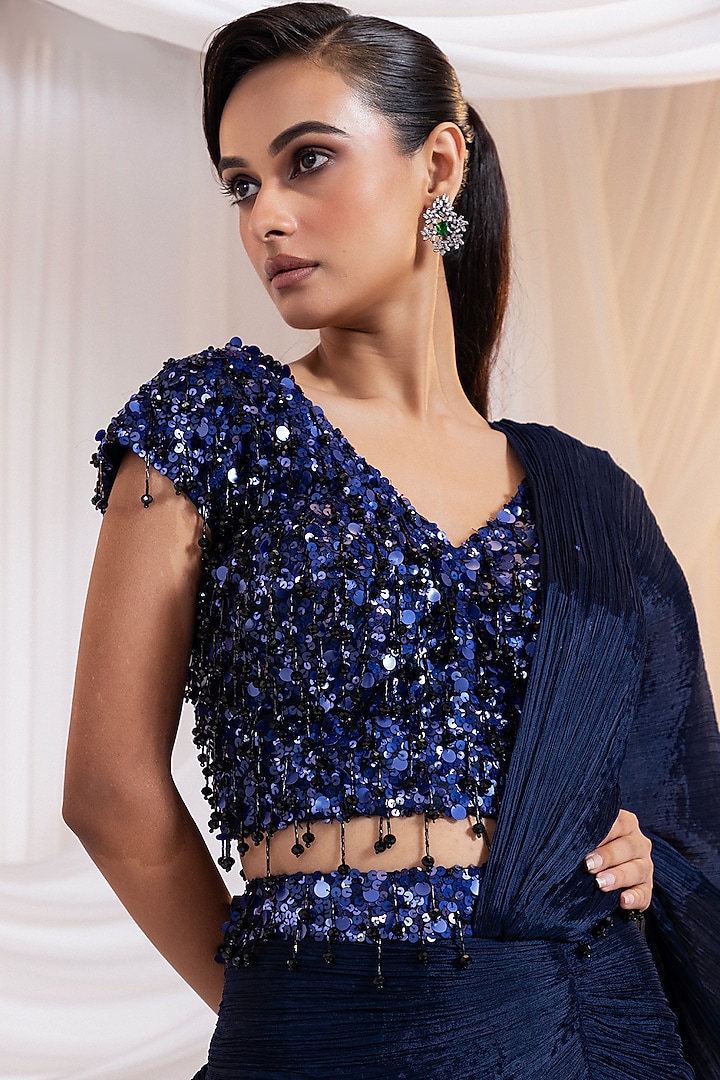 Navy Chinon Draped Skirt Set by Smriti by Anju Agarwal at Pernia's Pop Up Shop