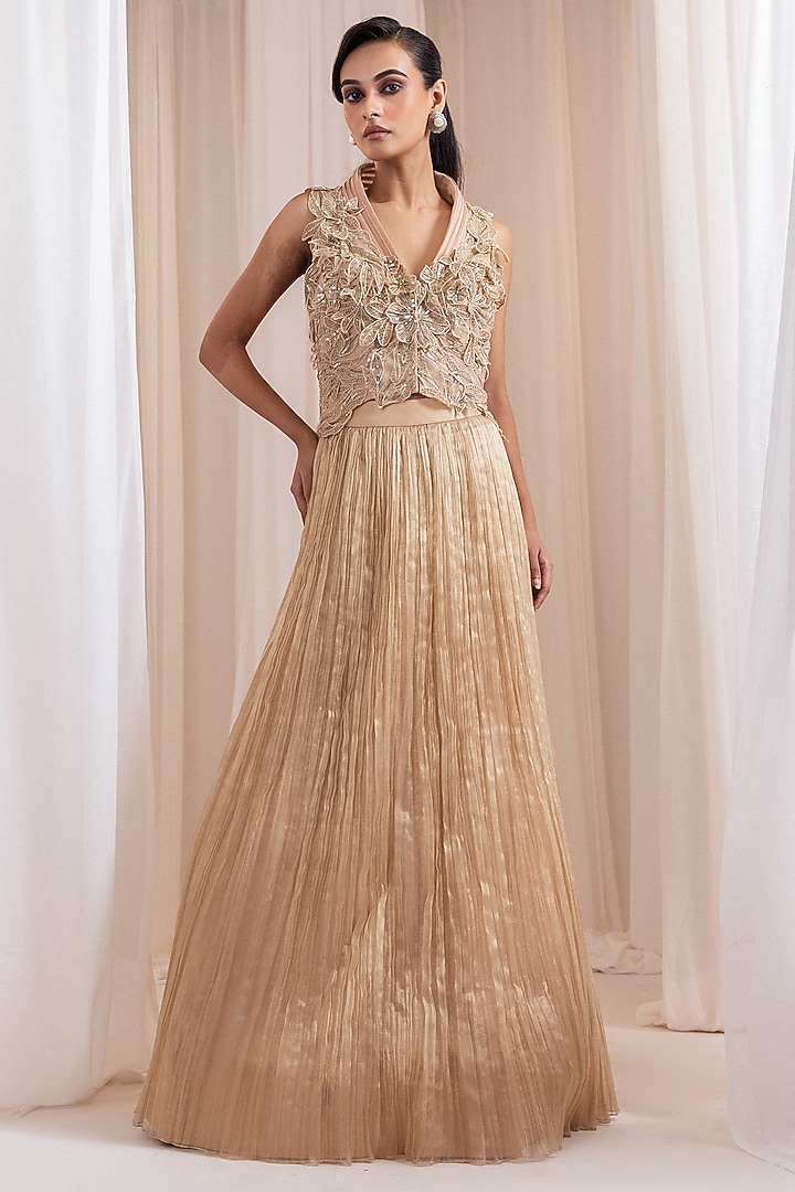 Champagne Tissue Skirt Set by Smriti by Anju Agarwal at Pernia's Pop Up Shop