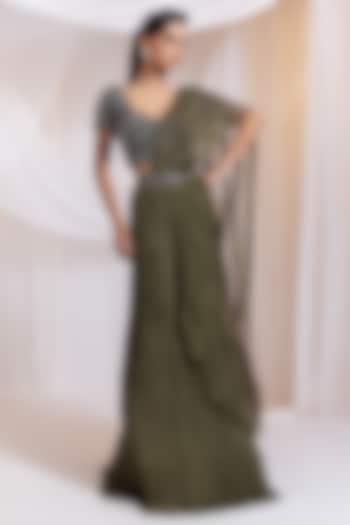 Olive Green Chinon & Organza Draped Wedding Saree Set by Smriti by Anju Agarwal at Pernia's Pop Up Shop