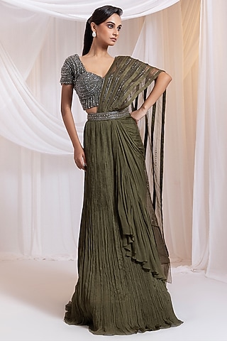 Olive Green Chinon & Organza Draped Saree Set by Smriti by Anju Agarwal
