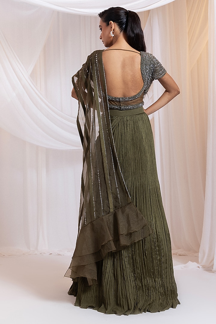 Olive Green Chinon & Organza Draped Wedding Saree Set by Smriti by Anju Agarwal at Pernia's Pop Up Shop