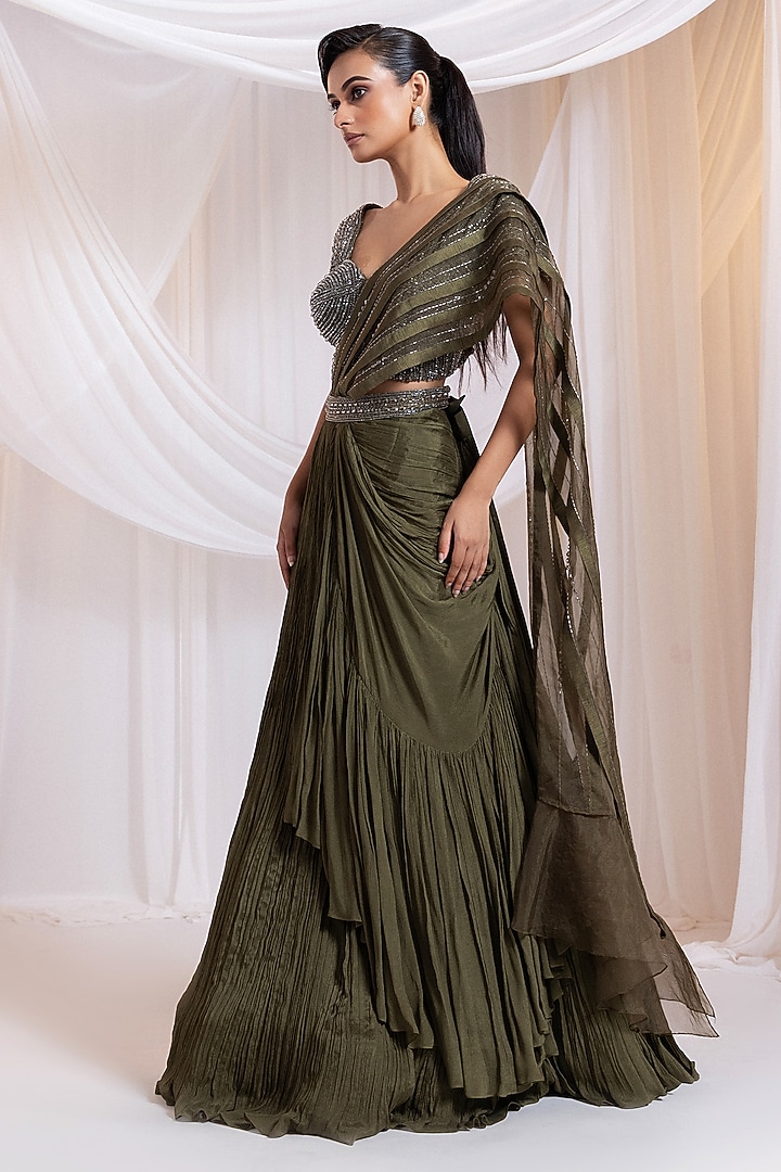 Olive Green Chinon & Organza Draped Wedding Saree Set by Smriti by Anju Agarwal at Pernia's Pop Up Shop