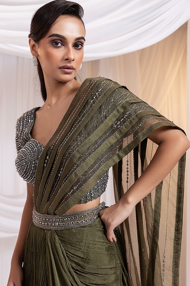 Olive Green Chinon & Organza Draped Wedding Saree Set by Smriti by Anju Agarwal at Pernia's Pop Up Shop