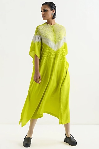 Lime Silk Shibori Printed Kaftan by Studio Medium