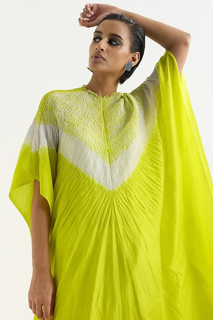 Lime Silk Shibori Printed Kaftan by Studio Medium at Pernia's Pop Up Shop