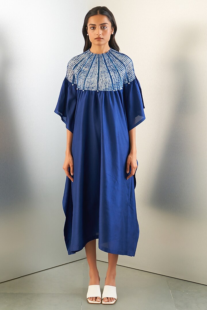 Navy Silk Hand Embroidered Kaftan by Studio Medium at Pernia's Pop Up Shop