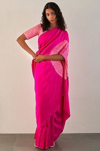 Rani Pink Silk Shibori Printed Handwoven Saree Set by Studio Medium