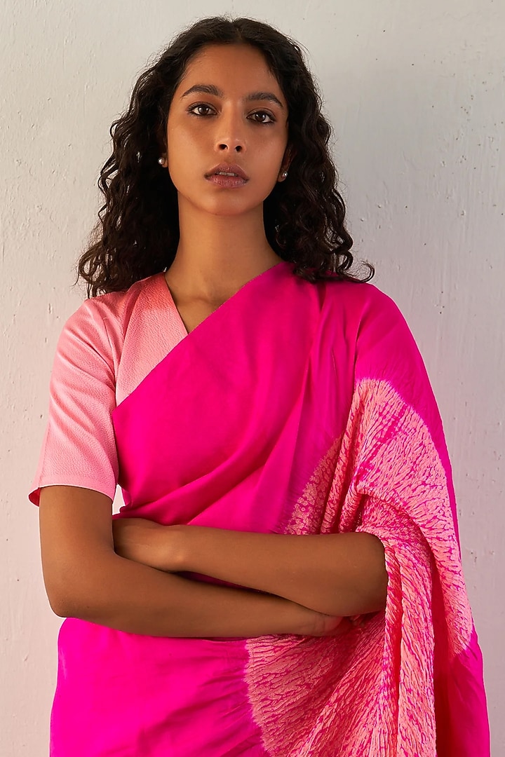 Rani Pink Silk Shibori Printed Handwoven Party Wear Saree Set by Studio Medium at Pernia's Pop Up Shop