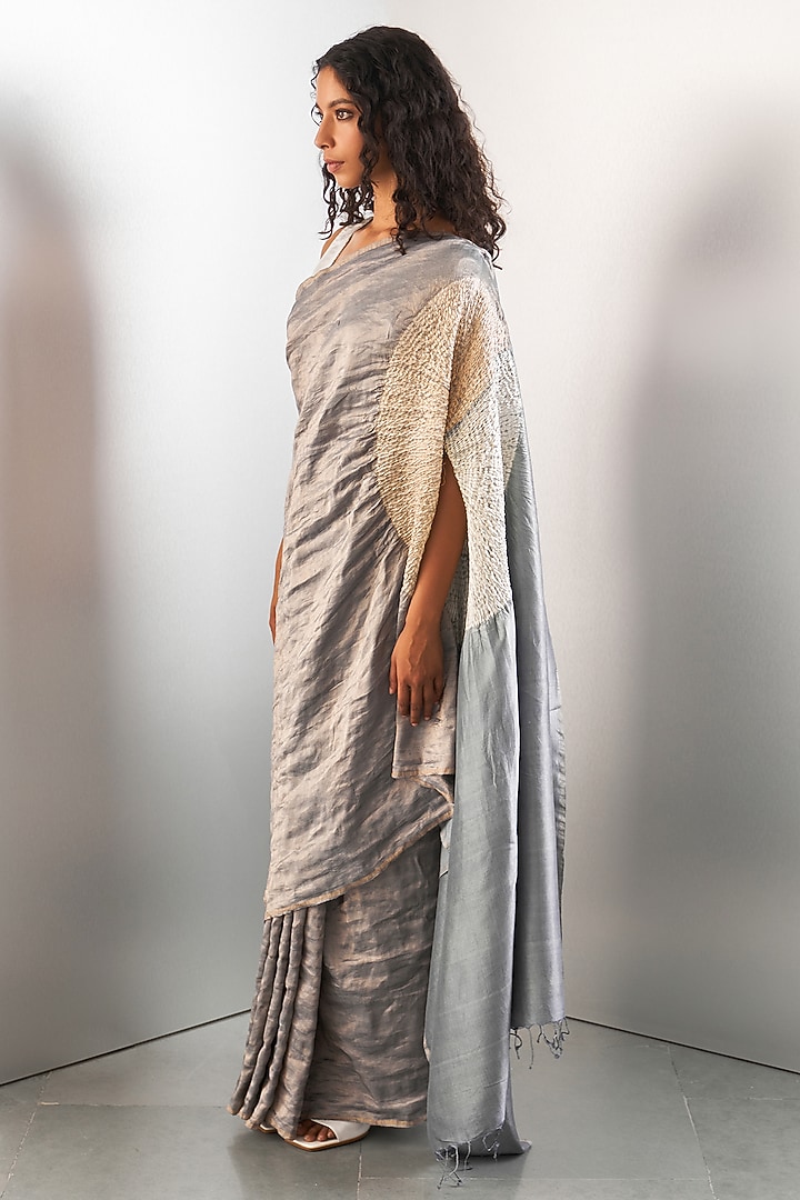 Grey Silk Wedding Saree Set by Studio Medium at Pernia's Pop Up Shop
