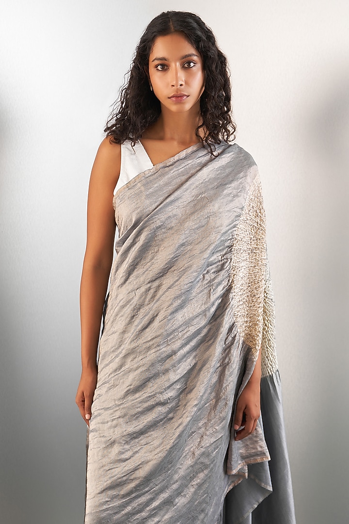 Grey Silk Wedding Saree Set by Studio Medium at Pernia's Pop Up Shop