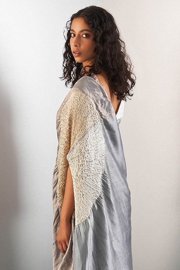 Grey Silk Wedding Saree Set by Studio Medium at Pernia's Pop Up Shop