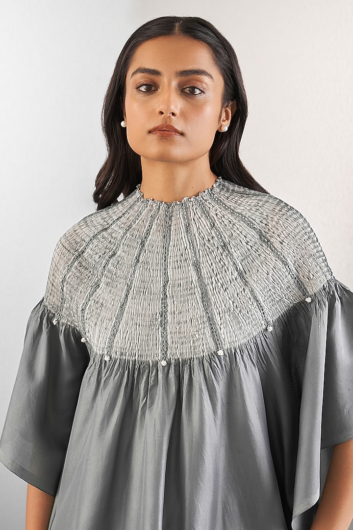 Grey Silk Hand Embroidered Kaftan by Studio Medium at Pernia's Pop Up Shop