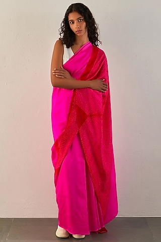 Red & Rani Pink Silk Shibori Printed Handwoven Saree Set by Studio Medium