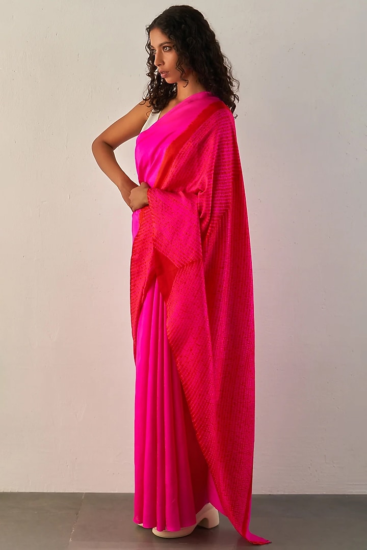 Red & Rani Pink Silk Shibori Printed Handwoven Wedding Saree Set by Studio Medium at Pernia's Pop Up Shop