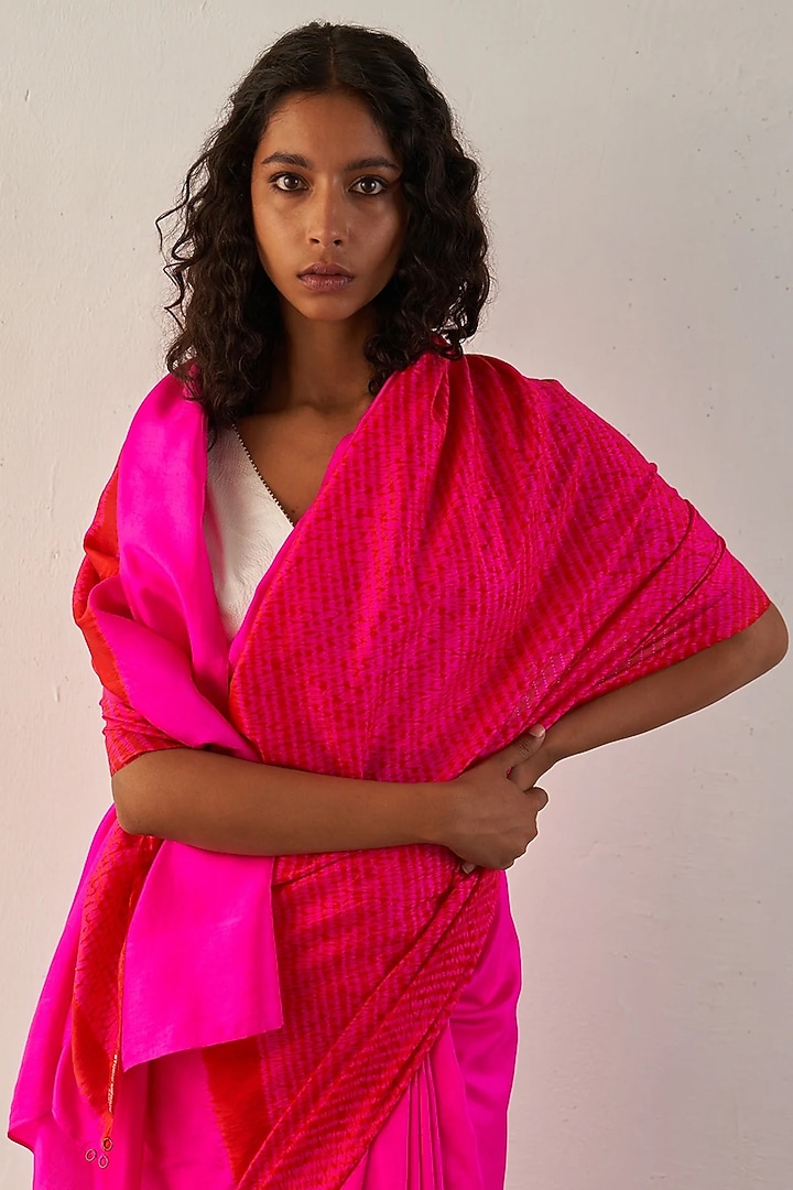 Red & Rani Pink Silk Shibori Printed Handwoven Wedding Saree Set by Studio Medium at Pernia's Pop Up Shop
