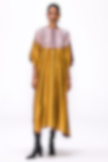 Ochre Yellow & Magenta Handwoven Silk Striped Kaftan by Studio Medium at Pernia's Pop Up Shop