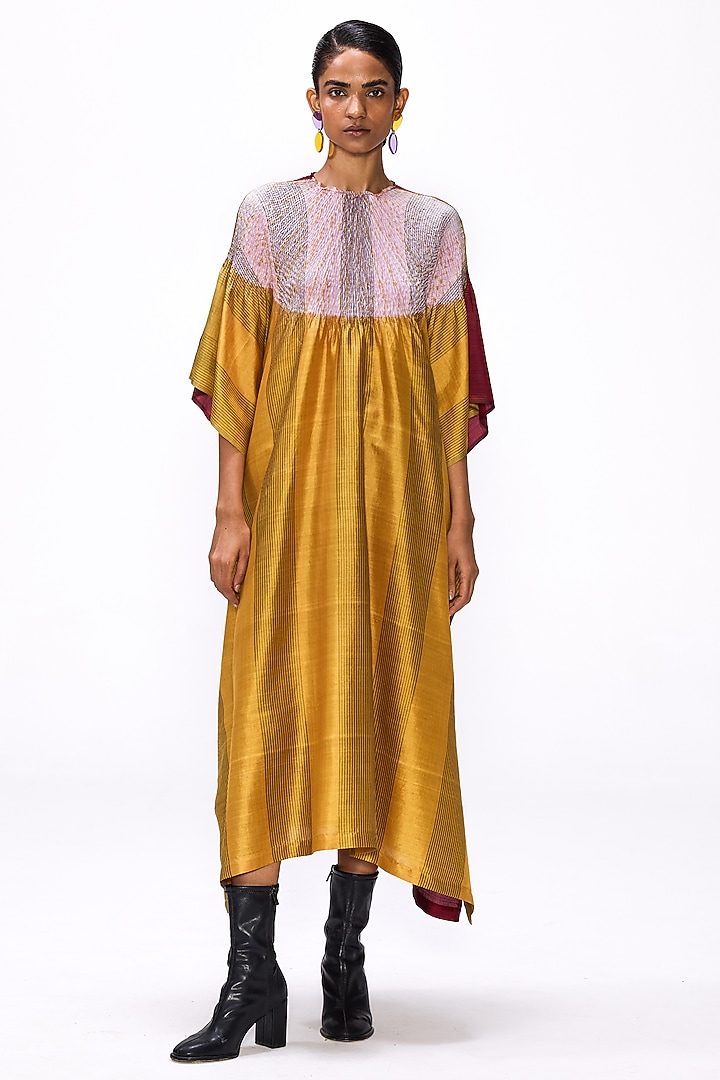 Ochre Yellow & Magenta Handwoven Silk Striped Kaftan by Studio Medium at Pernia's Pop Up Shop