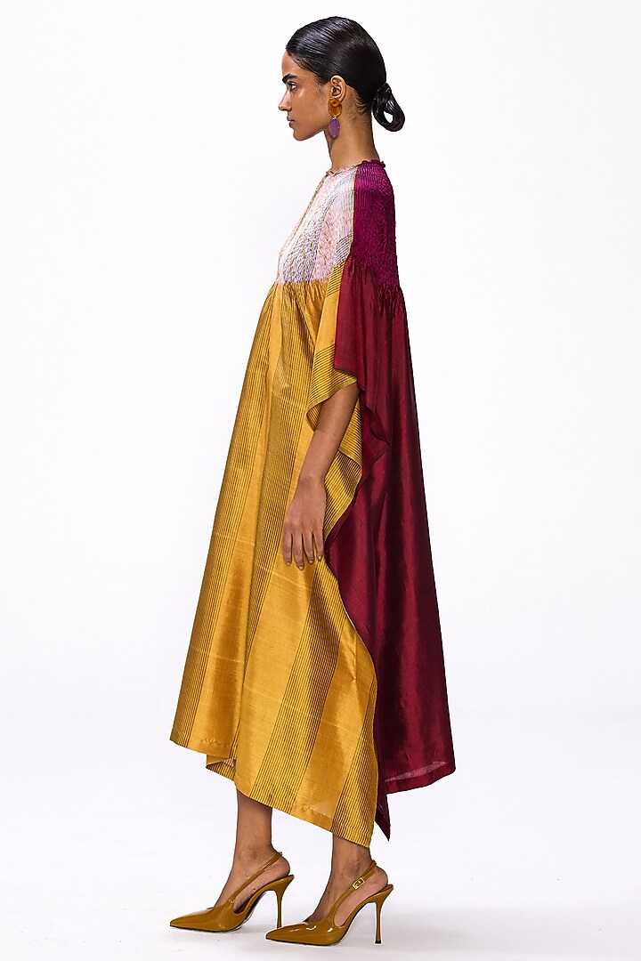 Ochre Yellow & Magenta Handwoven Silk Striped Kaftan by Studio Medium at Pernia's Pop Up Shop