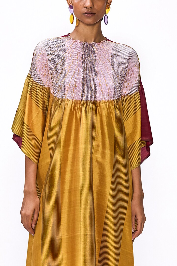 Ochre Yellow & Magenta Handwoven Silk Striped Kaftan by Studio Medium at Pernia's Pop Up Shop