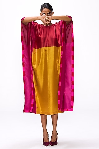 Red & Ochre Yellow Handwoven Silk Shibori Kaftan by Studio Medium