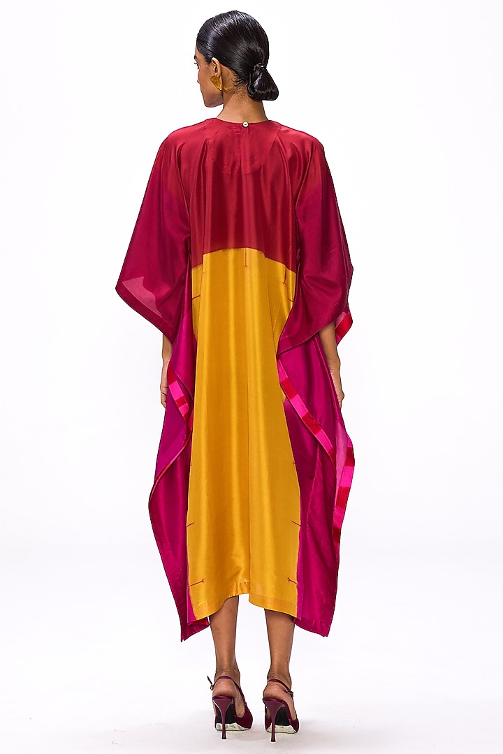 Red & Ochre Yellow Handwoven Silk Shibori Kaftan by Studio Medium at Pernia's Pop Up Shop