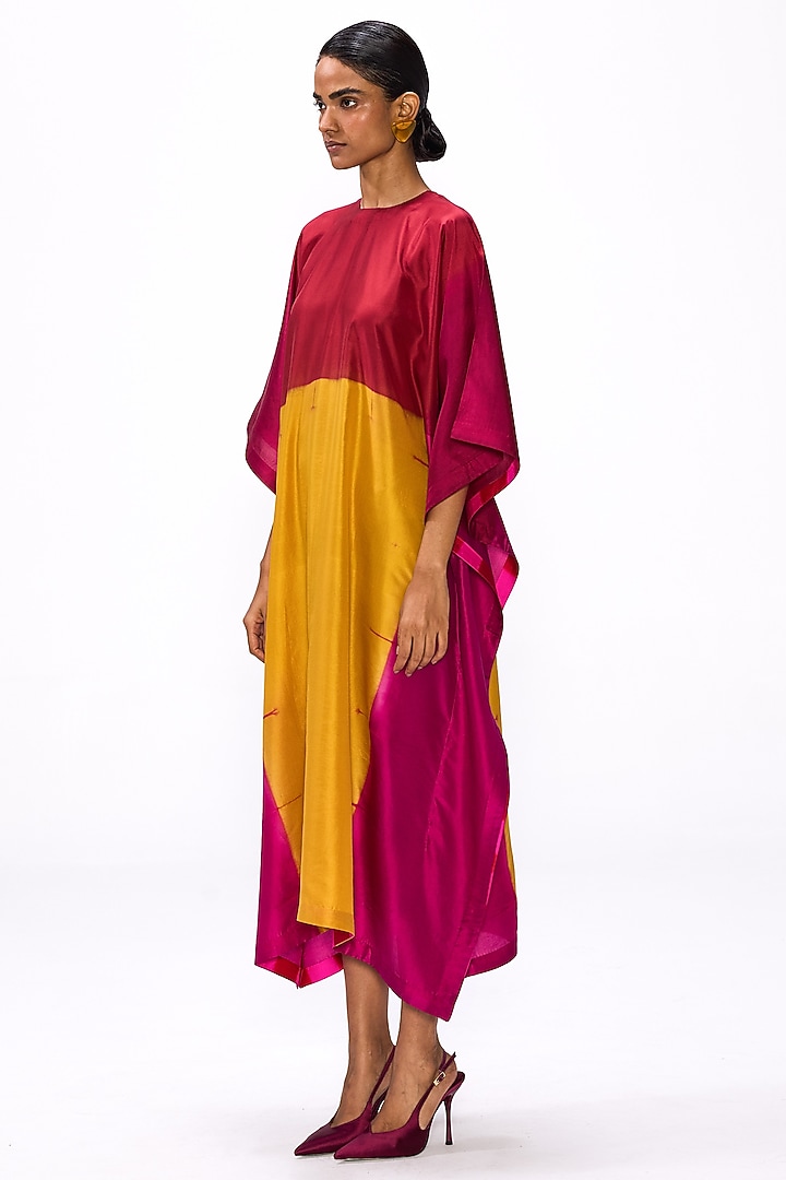 Red & Ochre Yellow Handwoven Silk Shibori Kaftan by Studio Medium at Pernia's Pop Up Shop