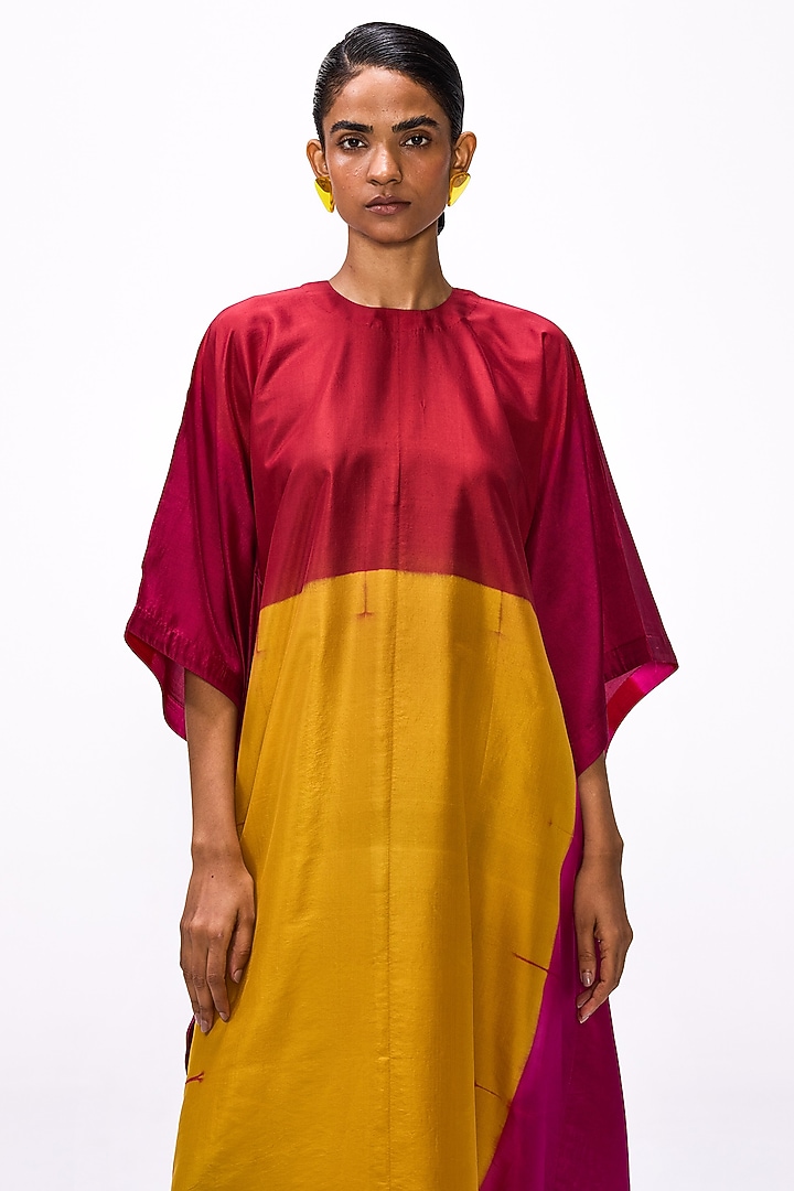 Red & Ochre Yellow Handwoven Silk Shibori Kaftan by Studio Medium at Pernia's Pop Up Shop