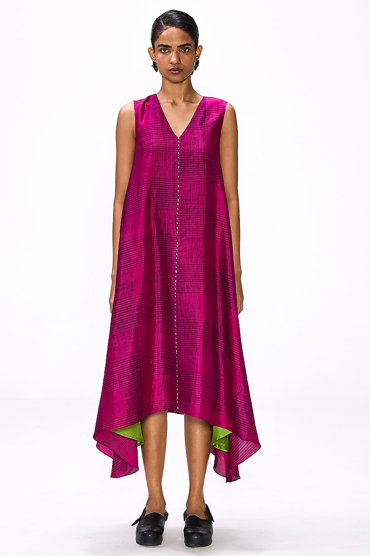 Magenta Green Handwoven Silk Checkered Vacation Dress by Studio Medium at Pernia's Pop Up Shop