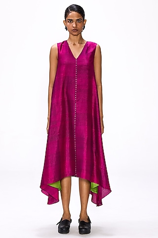 Magenta Green Handwoven Silk Checkered Dress by Studio Medium