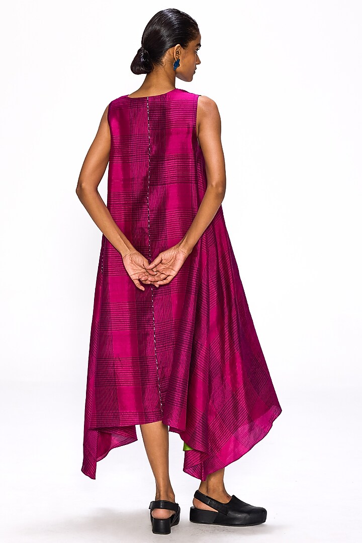 Magenta Green Handwoven Silk Checkered Vacation Dress by Studio Medium at Pernia's Pop Up Shop