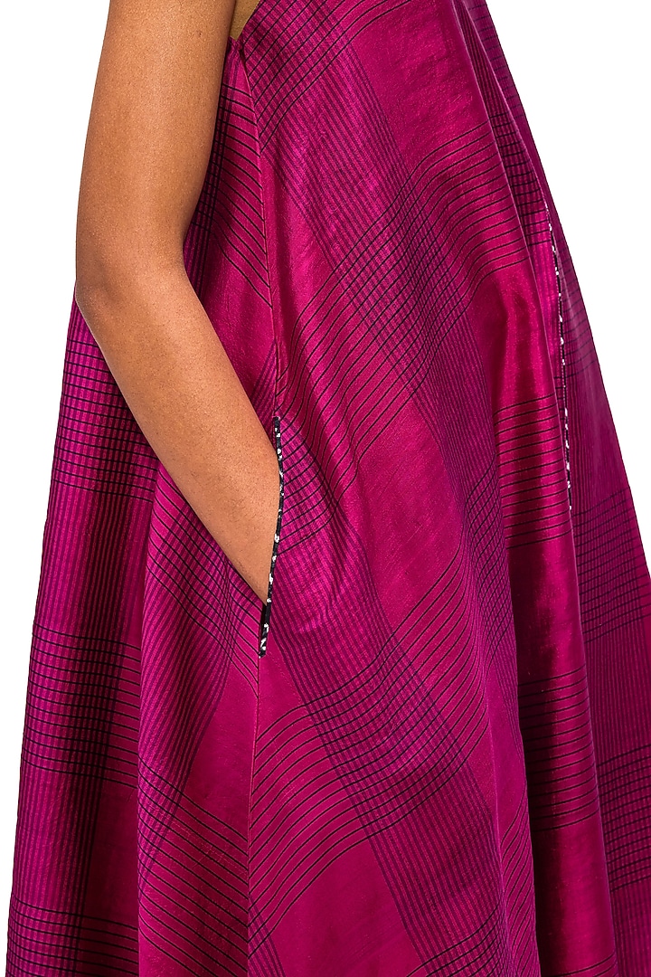 Magenta Green Handwoven Silk Checkered Vacation Dress by Studio Medium at Pernia's Pop Up Shop
