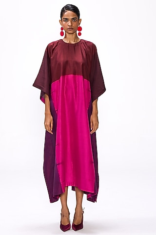 Wine Handwoven Silk Shibori Kaftan by Studio Medium