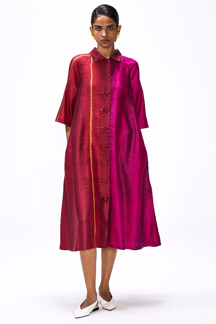 Wine Handwoven Silk Striped Button Down Cocktail Dress by Studio Medium at Pernia's Pop Up Shop