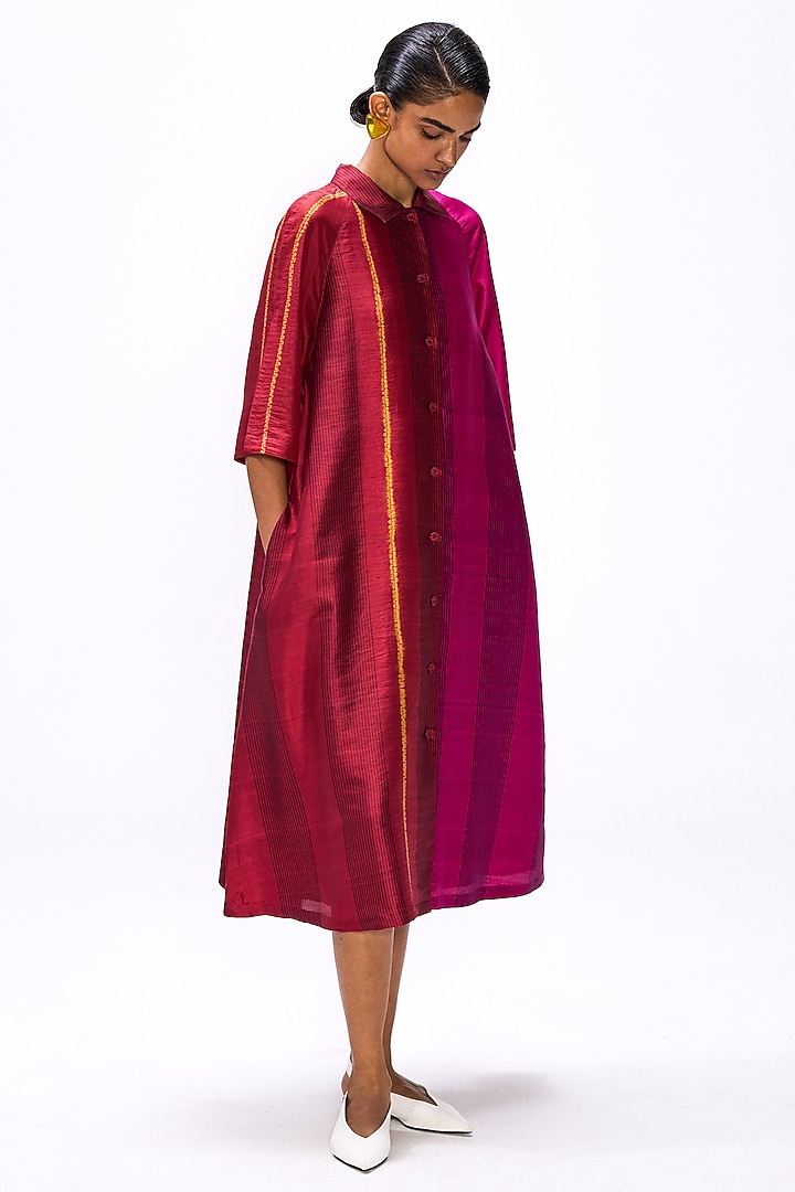 Wine Handwoven Silk Striped Button Down Cocktail Dress by Studio Medium at Pernia's Pop Up Shop