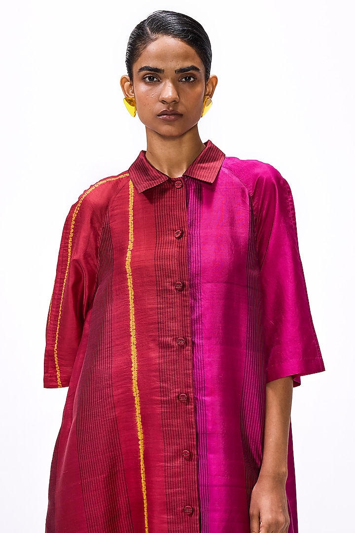 Wine Handwoven Silk Striped Button Down Cocktail Dress by Studio Medium at Pernia's Pop Up Shop