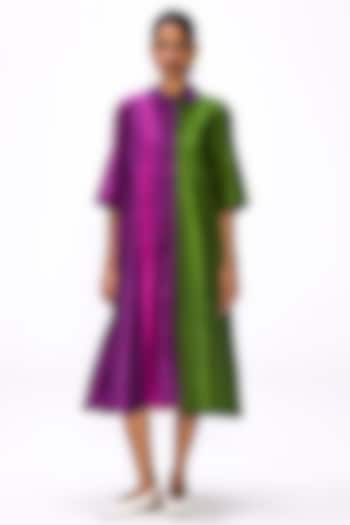 Purple & Moss Green Handwoven Silk Striped Button Down Cocktail Dress by Studio Medium at Pernia's Pop Up Shop