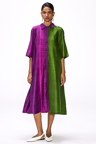 Purple & Moss Green Handwoven Silk Striped Button Down Dress by Studio Medium