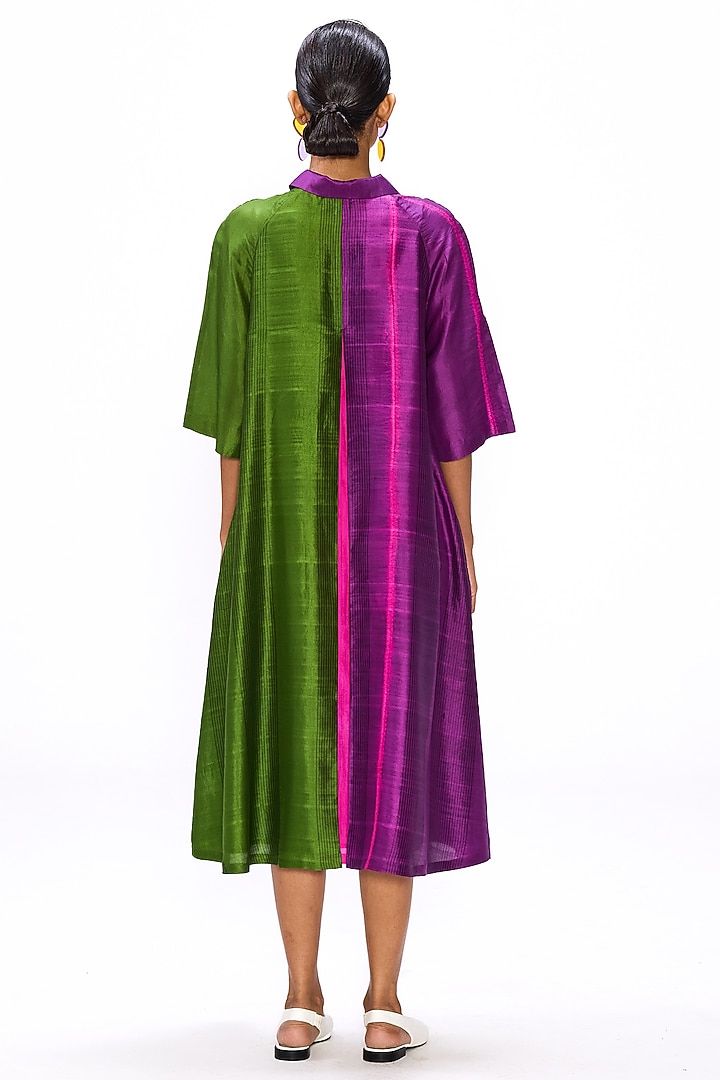 Purple & Moss Green Handwoven Silk Striped Button Down Cocktail Dress by Studio Medium at Pernia's Pop Up Shop