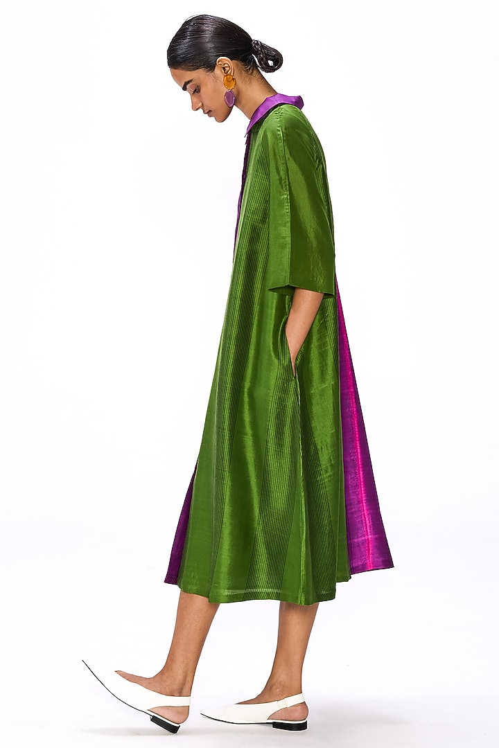 Purple & Moss Green Handwoven Silk Striped Button Down Cocktail Dress by Studio Medium at Pernia's Pop Up Shop