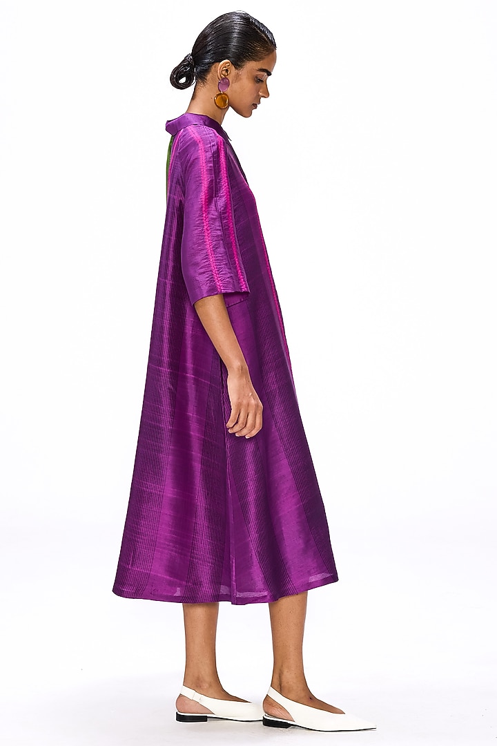 Purple & Moss Green Handwoven Silk Striped Button Down Cocktail Dress by Studio Medium at Pernia's Pop Up Shop