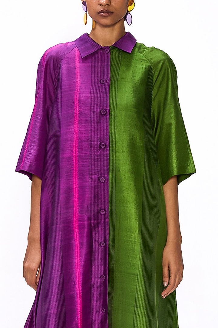 Purple & Moss Green Handwoven Silk Striped Button Down Cocktail Dress by Studio Medium at Pernia's Pop Up Shop