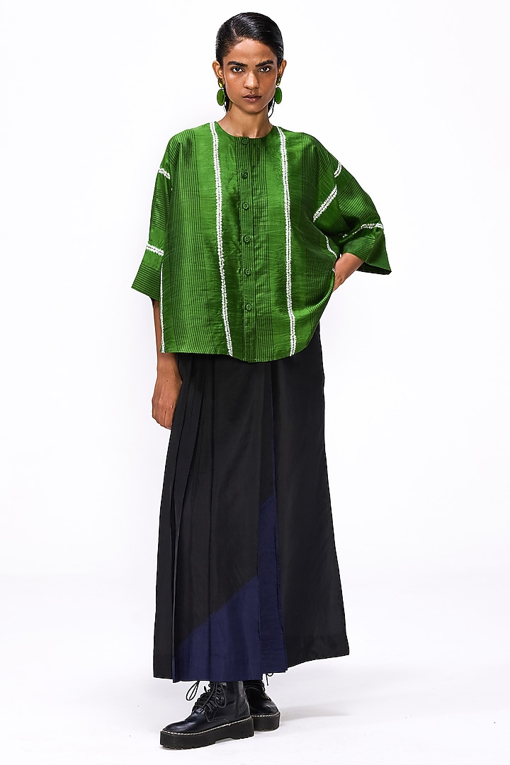 Cactus Green Handwoven Silk Shibori Striped Shirt by Studio Medium at Pernia's Pop Up Shop