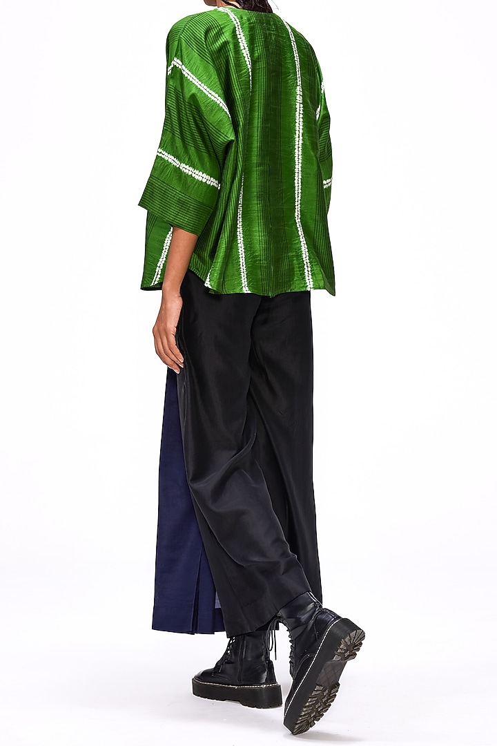 Cactus Green Handwoven Silk Shibori Striped Shirt by Studio Medium at Pernia's Pop Up Shop