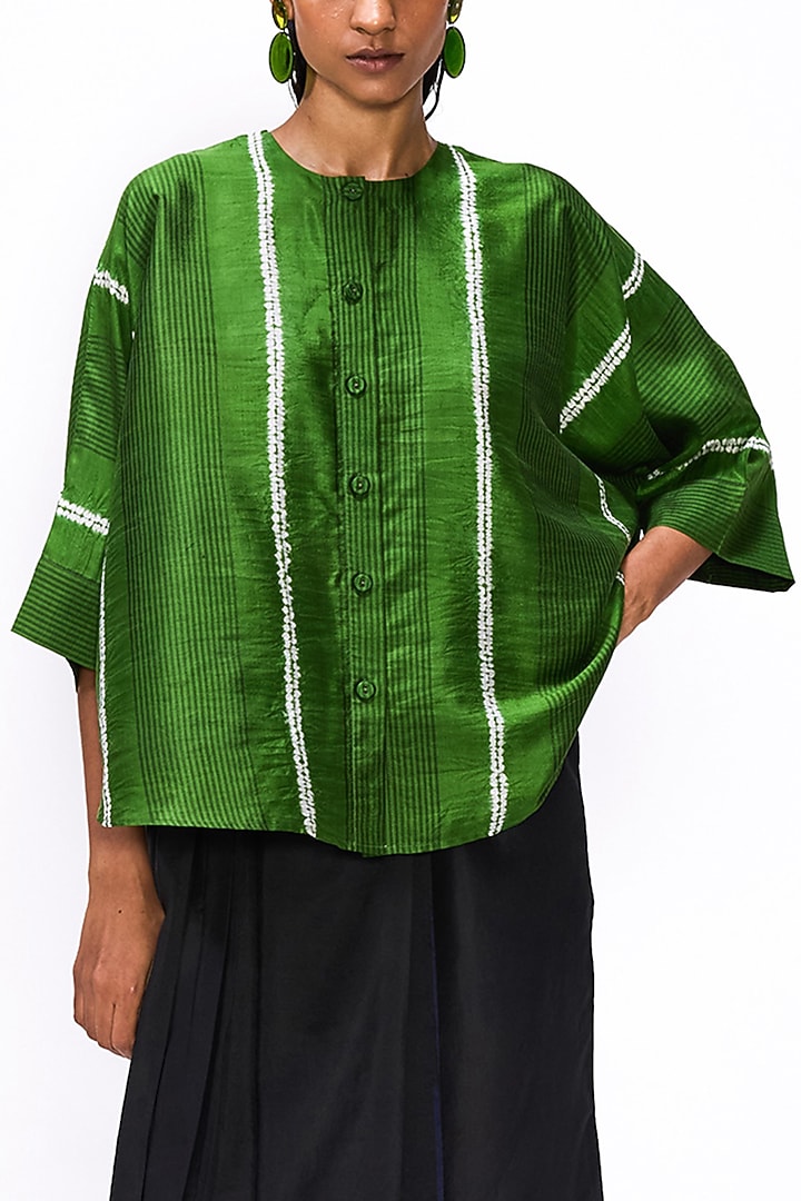 Cactus Green Handwoven Silk Shibori Striped Shirt by Studio Medium at Pernia's Pop Up Shop