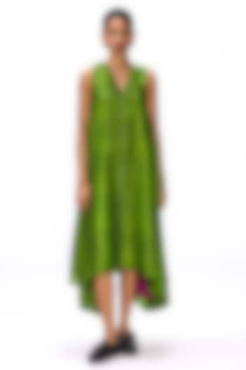Cactus Green Handwoven Silk Checkered Vacation Dress by Studio Medium at Pernia's Pop Up Shop